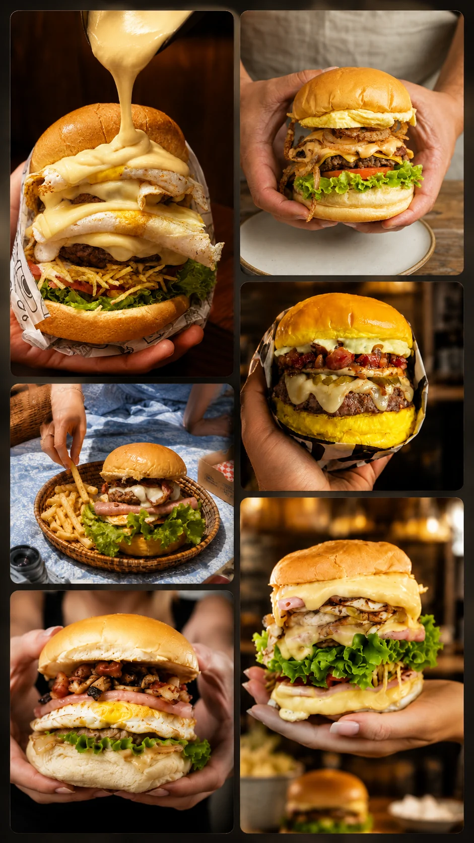 Mosaico de fotos profissionais de hambúrguer criadas com o Método Estúdio Invisível